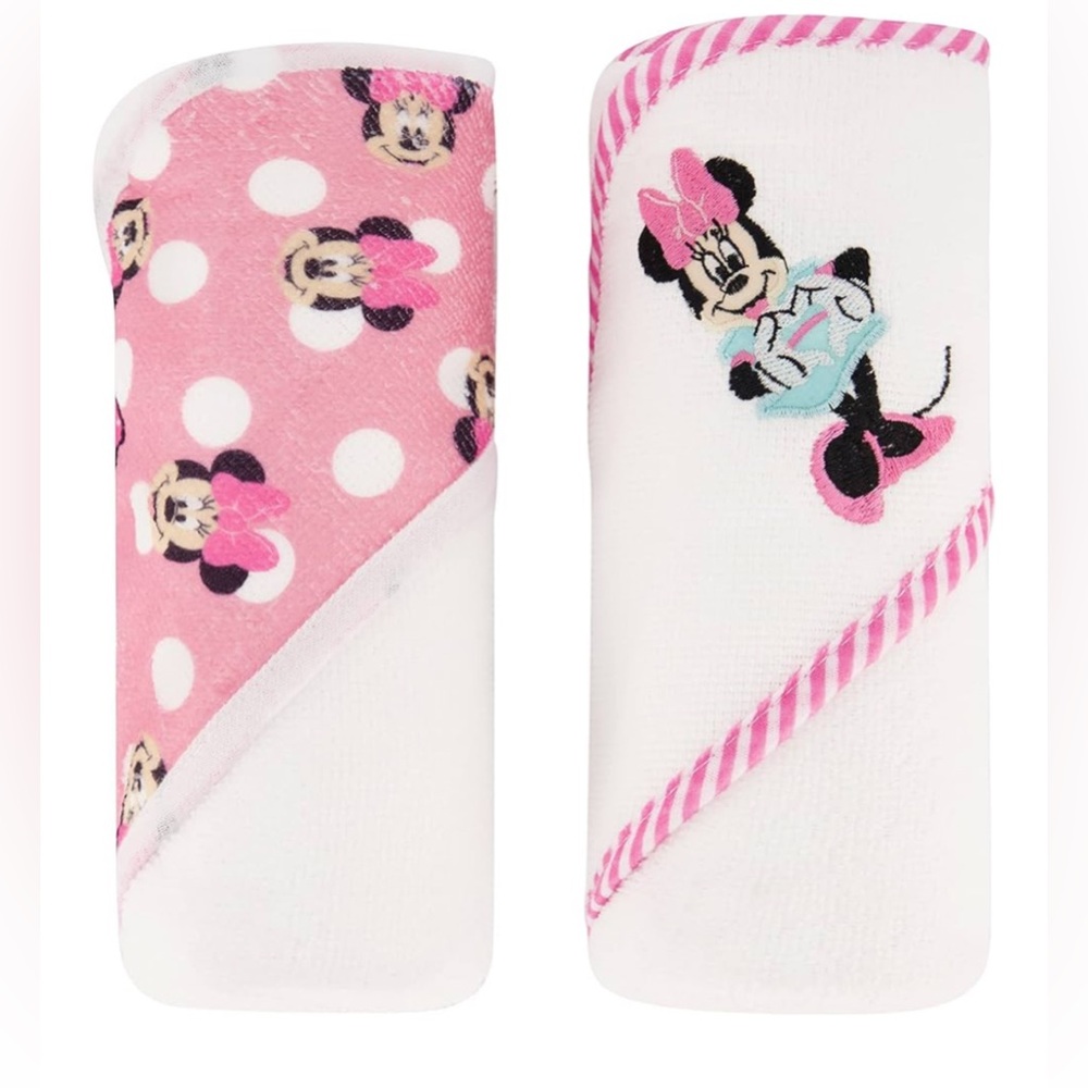 Disney Cudlie Baby Girl Minnie Mouse 2 Pack Rolled/Carded Hooded Towels in Happy